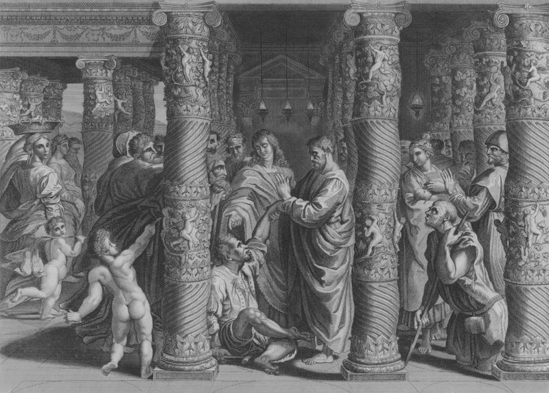 Péter és János a szép kapuban, ApCsel 3, 1-12 vers (metszet) alkotó: after Raphael
