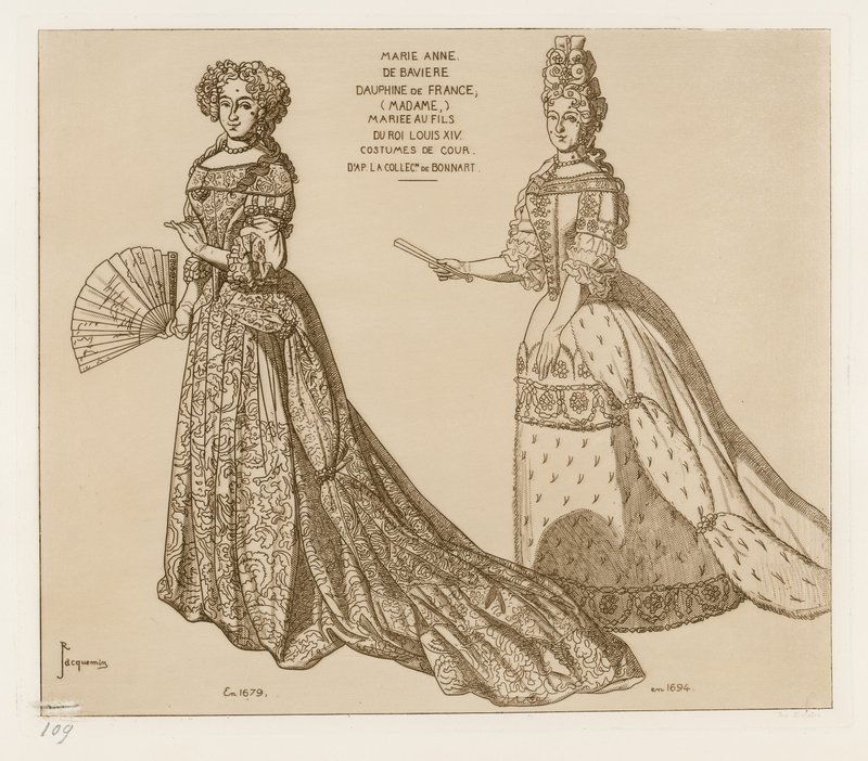 Udvari jelmezek. Marie Anne de Baviere, a francia Dauphine, feleségül vette XIV. Lajos király fiát. A Bonnart gyűjteményben található műalkotások után. alkotó: Raphael Jacquemin