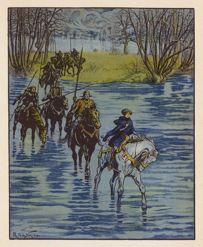 Chevauchee De Jeanne Pour Aller Trouver Charles VII A Chinon (színes litográfia) alkotó: Raymond de la Neziere