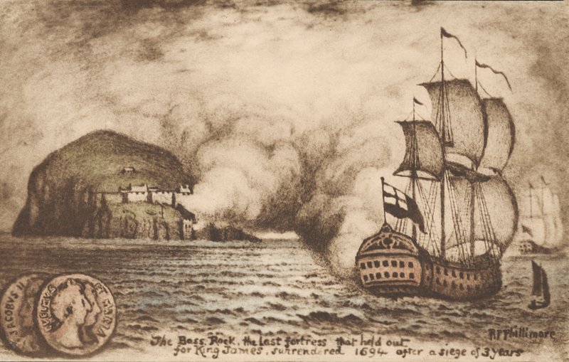 A skóciai Bass Rock az utolsó erőd, amely az 1688-as dicsőséges forradalom után II. Jakab királyt támogatta. alkotó: Reginald Phillimore