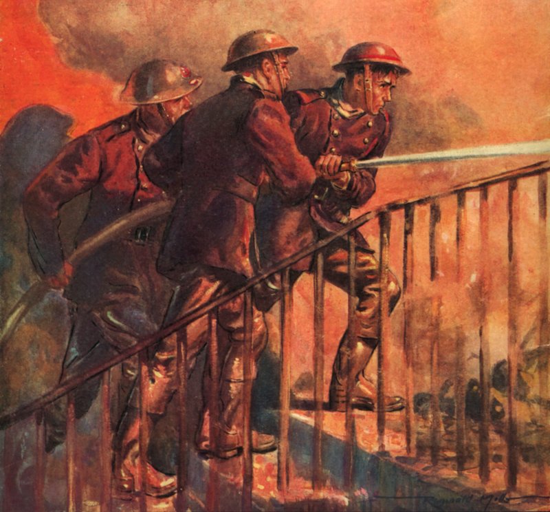 A háborús Nemzeti Tűzoltóság brit tűzoltói tüzet oltottak a Blitz idején, a II alkotó: Reginald Mills
