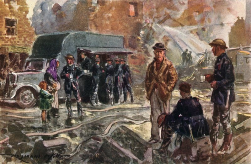 A háborús Brit Nemzeti Tűzoltóság tűzoltói mobil menzán a Blitz idején, a II alkotó: Reginald Mills