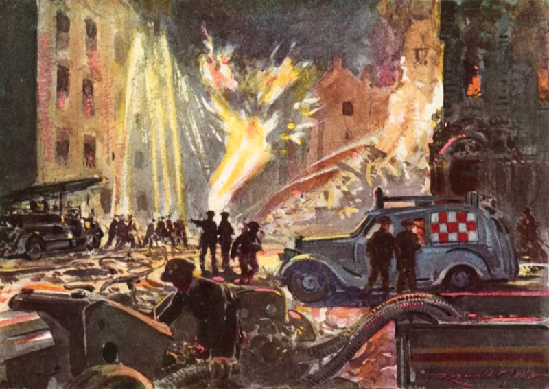 A háborús brit Nemzeti Tűzoltóság tűzoltói égő gázvezetékkel foglalkoztak a Blitz idején, a II alkotó: Reginald Mills