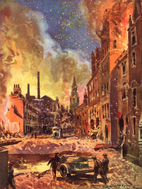 A háborús brit nemzeti tűzoltóság tűzoltói egy nagy bombakrátert vizsgálnak meg a Blitz idején, a II alkotó: Reginald Mills