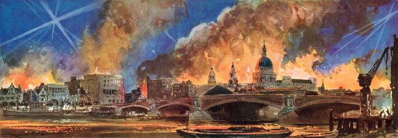 Tüzek a londoni Cityben a Szent Pál-székesegyház körül a Blitz idején, a II alkotó: Reginald Mills