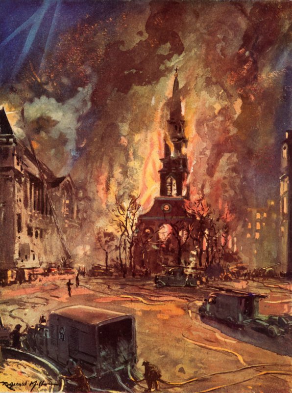 St Clement Danes templom, Strand, London, lángokban áll a Blitz alatt, a II alkotó: Reginald Mills