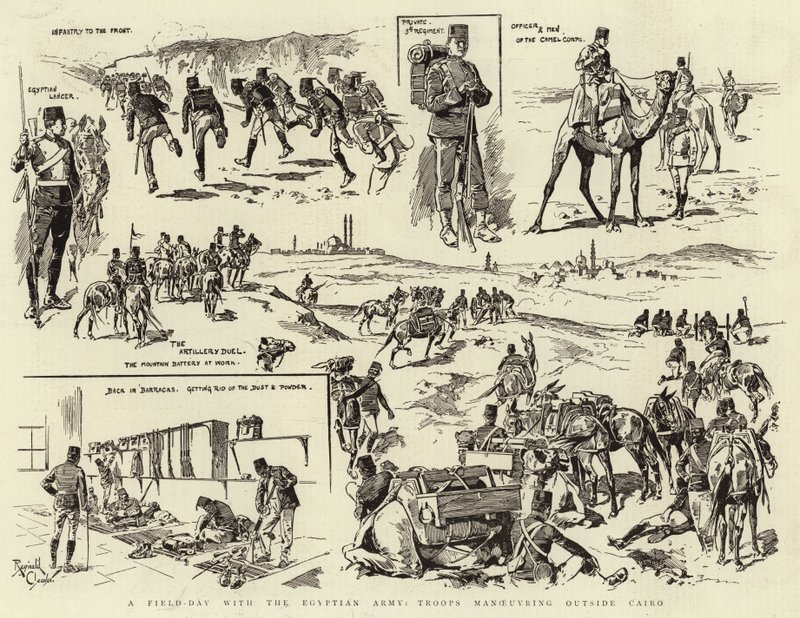 Egy terepnap az egyiptomi hadsereggel, csapatok manőverezése Kairó külterületén (metszet) alkotó: Reginald Thomas Cleaver