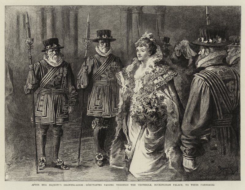 Őfelsége szalonja után a Buckingham-palota előcsarnokán át a hintóikhoz tartó debütánsok (metszet) alkotó: Reginald Thomas Cleaver