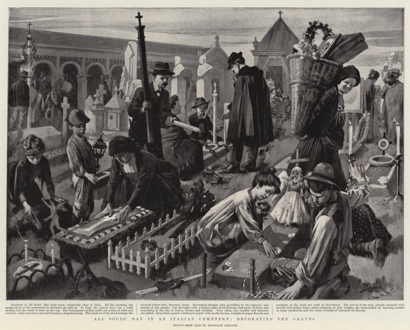 Mindenszentek napja egy olasz temetőben, a sírok díszítése (lithó) alkotó: Reginald Thomas Cleaver
