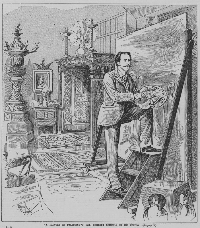 Herbert Schmalz angol preraffaelita festő műtermében munka közben (metszet) alkotó: Reginald Thomas Cleaver