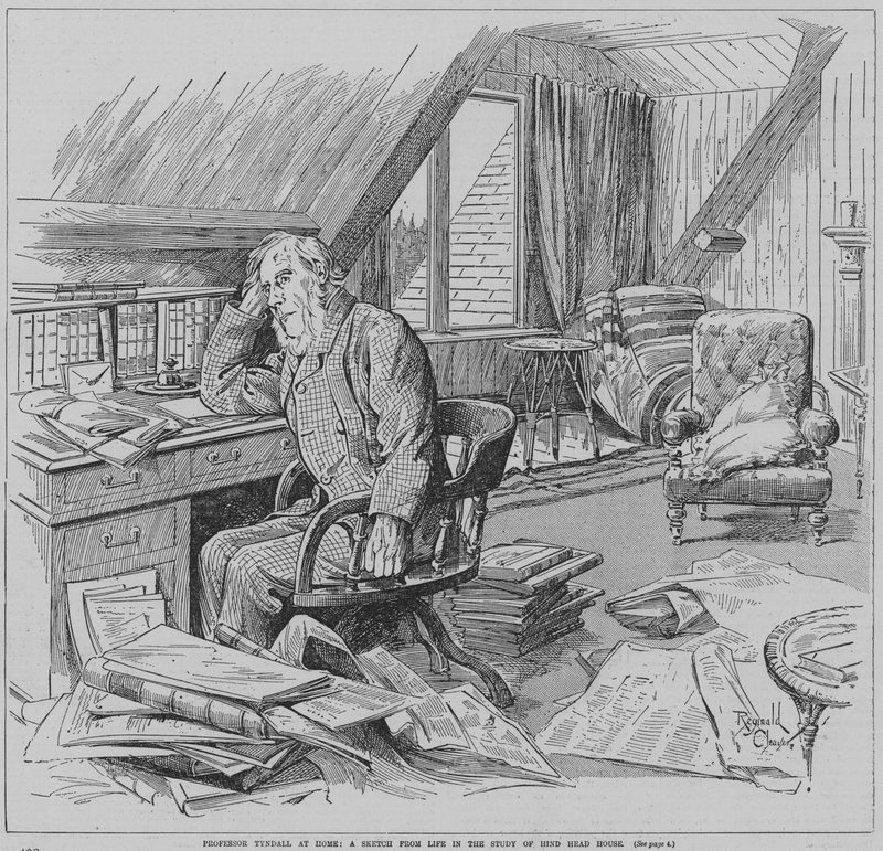John Tyndall angol fizikus otthonában, a Hindhead House-ban, Haslemere-ben (Surrey), a dolgozószobájában (metszet). alkotó: Reginald Thomas Cleaver