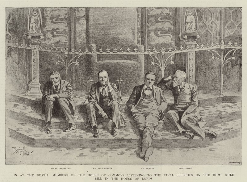 Az alsóház tagjai a halálban, amint a Lordok Házában hallgatják a Home Rule Billről szóló záróbeszédeket (metszet). alkotó: Reginald Thomas Cleaver