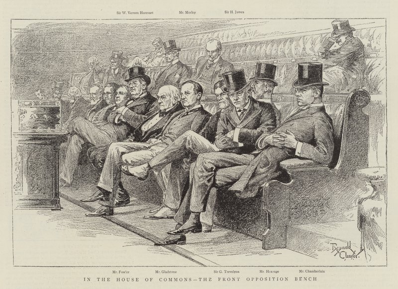 Az alsóházban az első ellenzéki pad (litho) alkotó: Reginald Thomas Cleaver