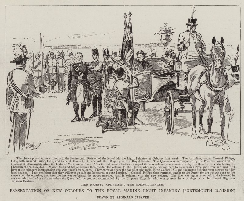 Új zászlók átadása a Portsmouth-i Királyi Tengerészgyalogság Könnyűgyalogságának (litho) alkotó: Reginald Thomas Cleaver