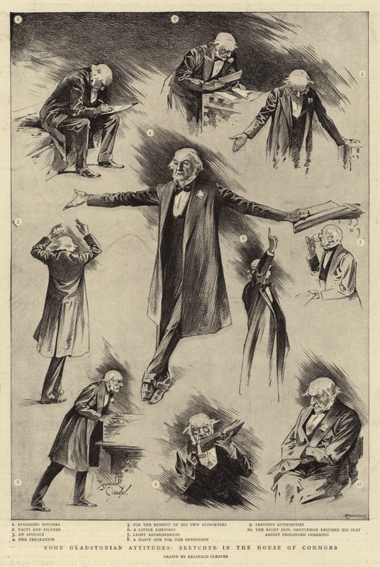 Néhány gladstoni attitűd, vázlatok az alsóházban (metszet) alkotó: Reginald Thomas Cleaver