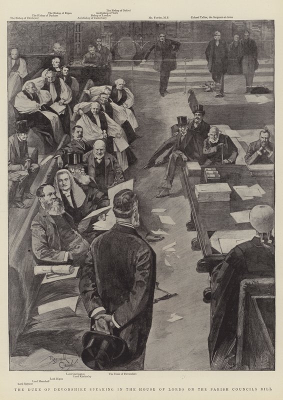 Devonshire hercege a Lordok Házában a plébániai tanácsokról szóló törvényjavaslatról (metszet) alkotó: Reginald Thomas Cleaver