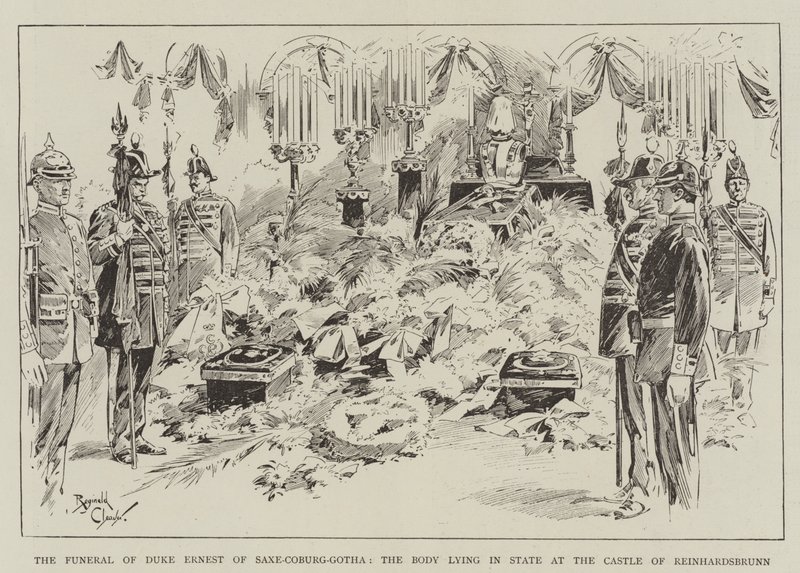 Ernest szász-coburg-gothai herceg temetése, a holttest a reinhardsbrunni kastélyban nyugszik (metszet) alkotó: Reginald Thomas Cleaver