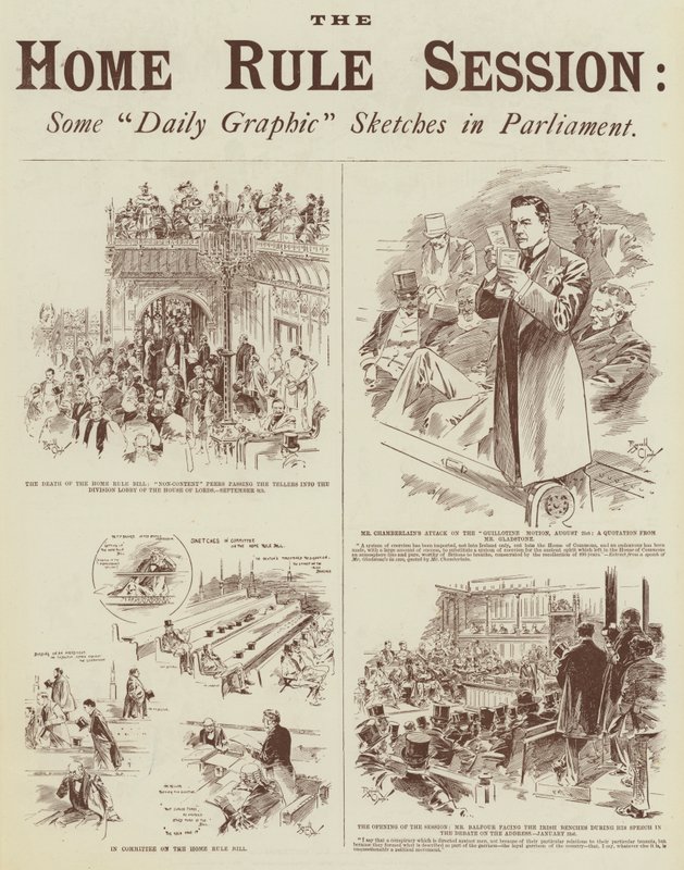 A belpolitikai ülésszak, néhány "Daily Graphic" vázlat a Parlamentben (metszet) alkotó: Reginald Thomas Cleaver