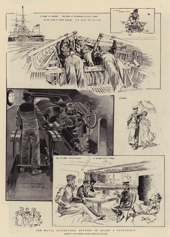 A haditengerészeti manőverek, tanulmányok egy csatahajó fedélzetén (litográfia) alkotó: Reginald Thomas Cleaver