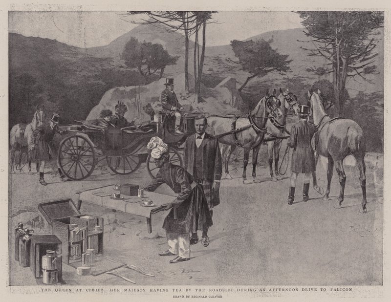 A királynő Cimiezben, Őfelsége az út szélén teázik egy délutáni út során Faliconba (litho) alkotó: Reginald Thomas Cleaver