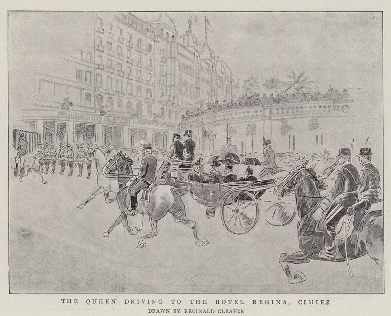 A királynő a Hotel Regina felé tartva, Cimiez (metszet) alkotó: Reginald Thomas Cleaver