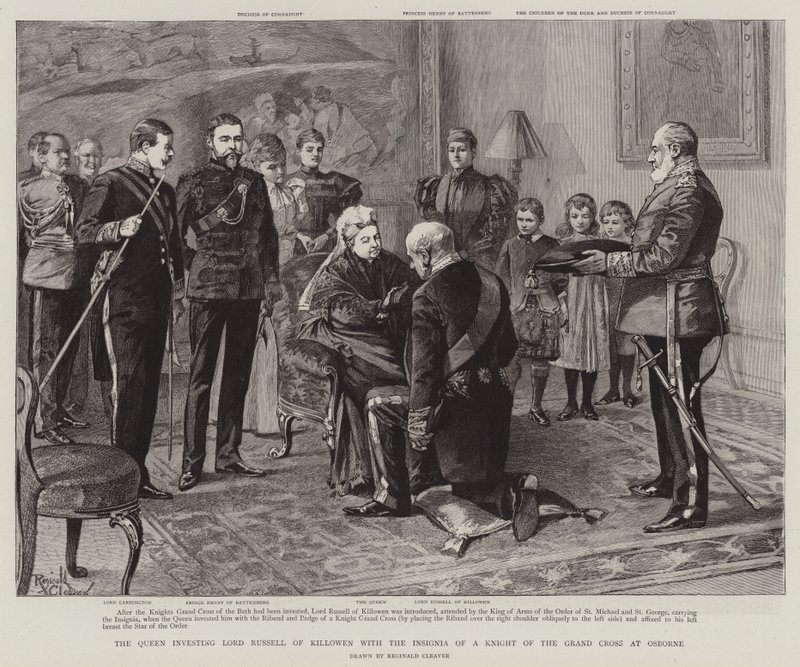A királynő befektet Lord Russell of Killowen a Nagykereszt Lovagjának jelvényével Osborne-ban (metszet) alkotó: Reginald Thomas Cleaver