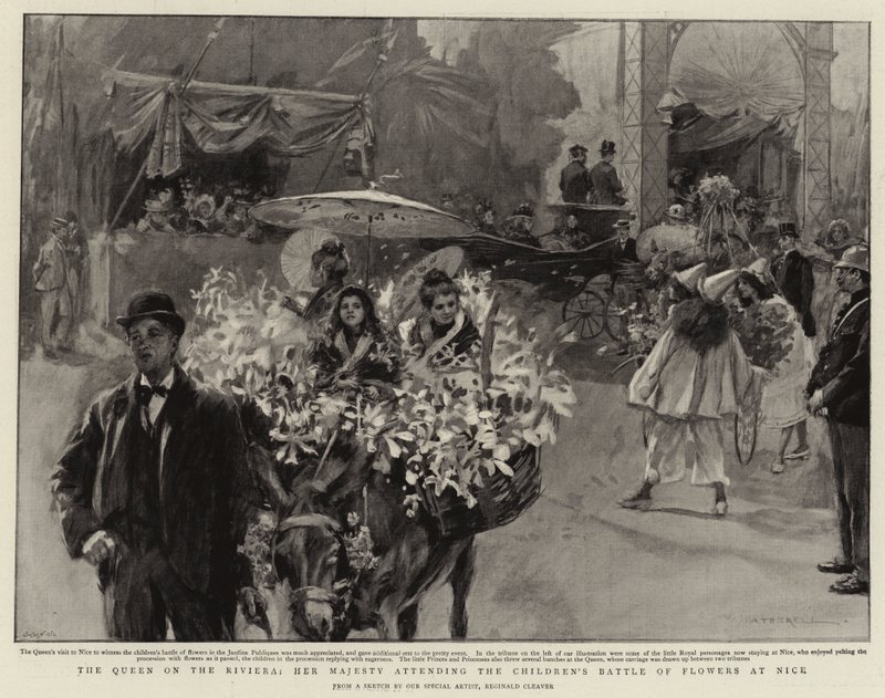 A királynő a Riviérán, Őfelsége részt vesz a nizzai gyermekvirágok csatáján (litho) alkotó: Reginald Thomas Cleaver