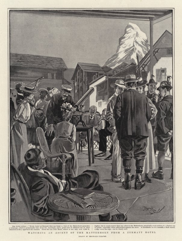 A Matterhorn megmászásának megtekintése egy zermatti szállodából (litho) alkotó: Reginald Thomas Cleaver