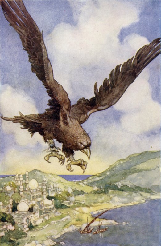 Egy óriásmadár, úgynevezett Roc (színes litó) alkotó: René Bull
