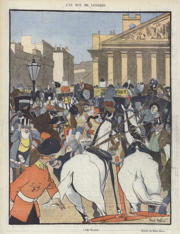 Egy londoni utca. Illusztráció Le Rire alkotó: René Bull