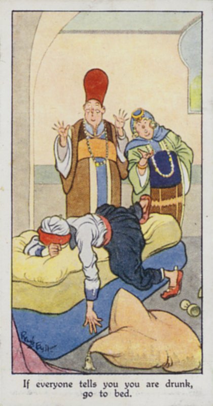 Keleti közmondás: Ha mindenki azt mondja, hogy részeg vagy, feküdj le (színes litho) alkotó: René Bull