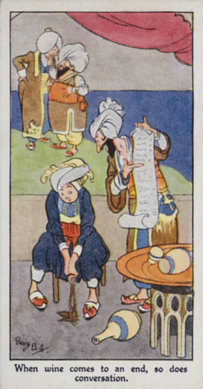 Keleti közmondás: Amikor a bor véget ér, a beszélgetés is véget ér (színes litho) alkotó: René Bull