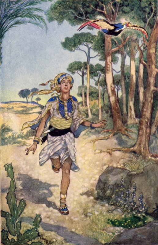Másnap reggel követte a madarat, amint az fáról fára repült (színes litho) alkotó: René Bull