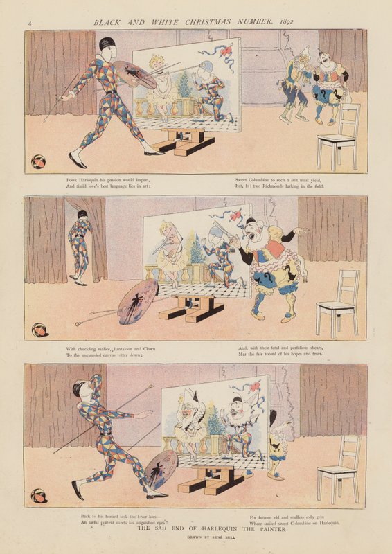 A festő Harlekin szomorú vége (színes litográfia) alkotó: René Bull
