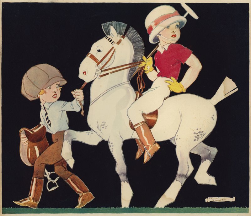 Fiú póló póniban, istállólány vezeti (színes litho) alkotó: Rene Vincent