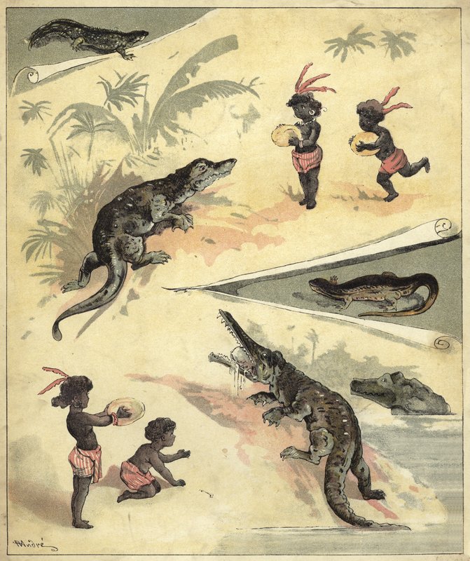 Afrikai gyerekek krokodilokkal játszanak (chromolitho) alkotó: Richard Andre