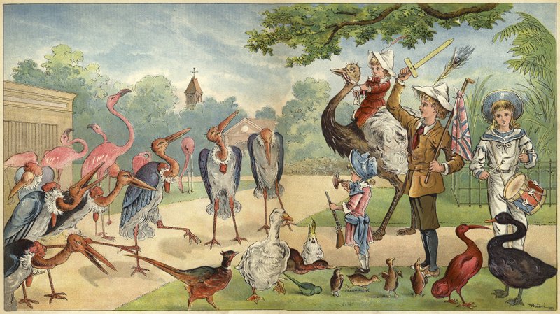 Gyermekek megszólítása a madarakhoz az állatkertben (chromolitho) alkotó: Richard Andre