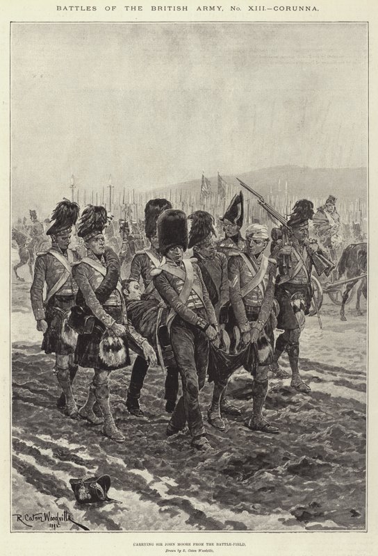 A brit hadsereg csatái, Corunna, Sir John Moore-t a csatamezőről szállítva alkotó: Richard Caton Woodville junior