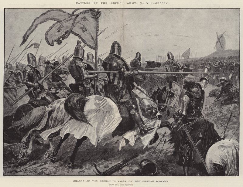 A brit hadsereg csatái, Cressy, a francia lovagság rohama az angol íjászoknál alkotó: Richard Caton Woodville junior