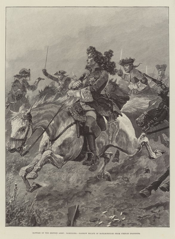 A brit hadsereg csatái, Ramillies, keskeny marlborough-i menekülés a francia dragonyosok elől alkotó: Richard Caton Woodville junior