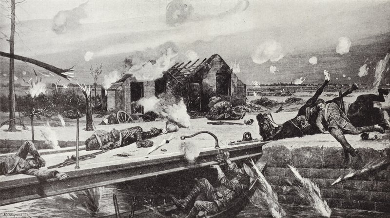 Charles Jarvis őrvezető felrobbantja a hidat Jemappes-nál, Belgium, 1914. augusztus 23. alkotó: Richard Caton Woodville junior