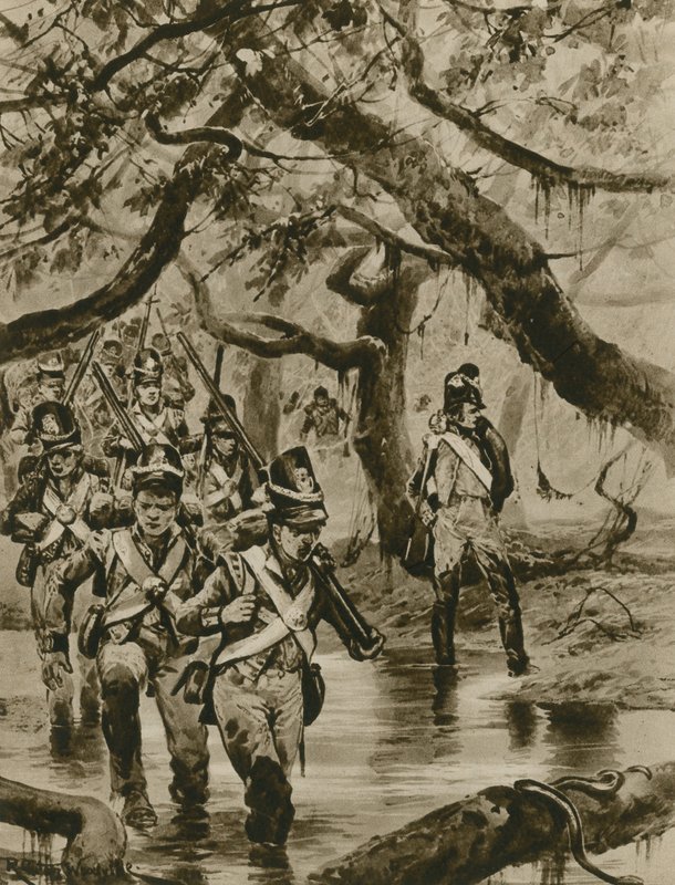 Brit Guyana mocsarain át vonulva (mélynyomás) alkotó: Richard Caton Woodville junior