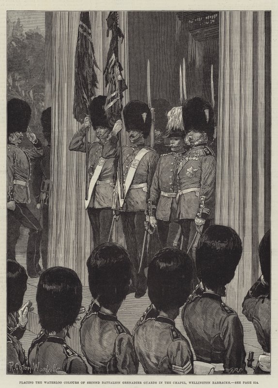 A második zászlóalj gránátos gárdájának Waterloo színeinek elhelyezése a kápolnában, Wellington laktanyában alkotó: Richard Caton Woodville junior