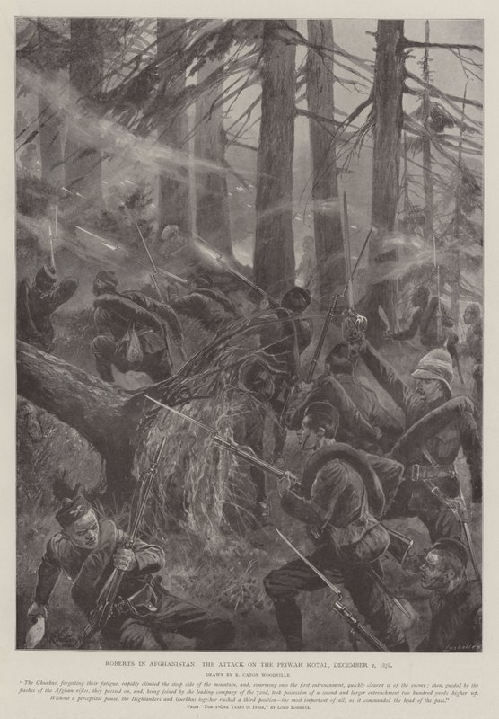Roberts Afganisztánban, a Peiwar Kotai elleni támadás, 1878. december 2. alkotó: Richard Caton Woodville junior