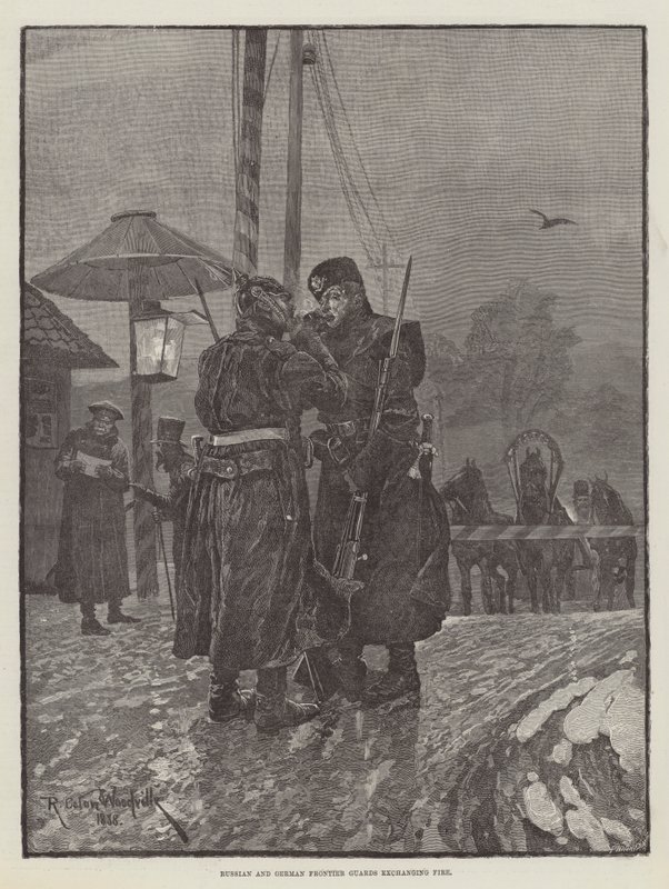 Az orosz és a német határőrök tüzet cserélnek alkotó: Richard Caton Woodville junior