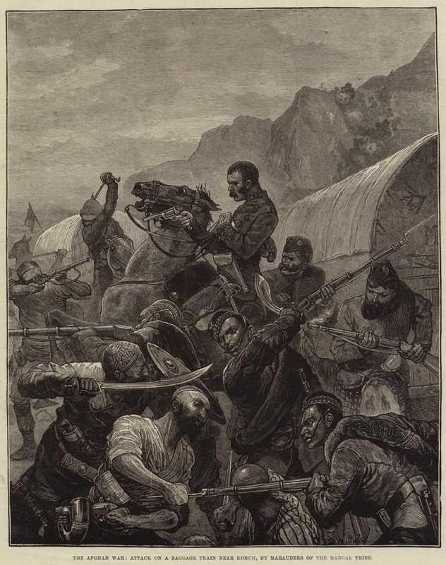 Az afgán háború, támadás egy poggyászvonat ellen Koruh közelében, a mangal törzs martalócai alkotó: Richard Caton Woodville junior