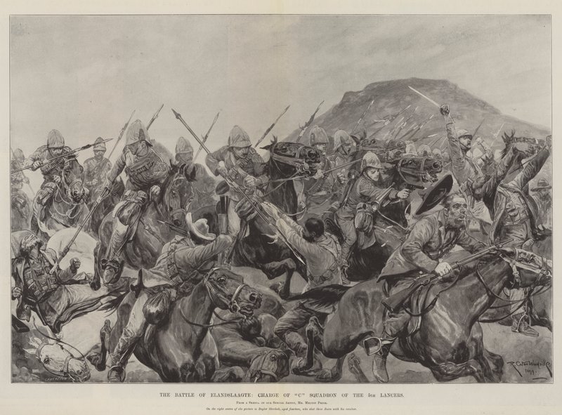 Az Elandslaagte-i csata, az 5. Lancers C osztagának parancsnoksága alkotó: Richard Caton Woodville junior
