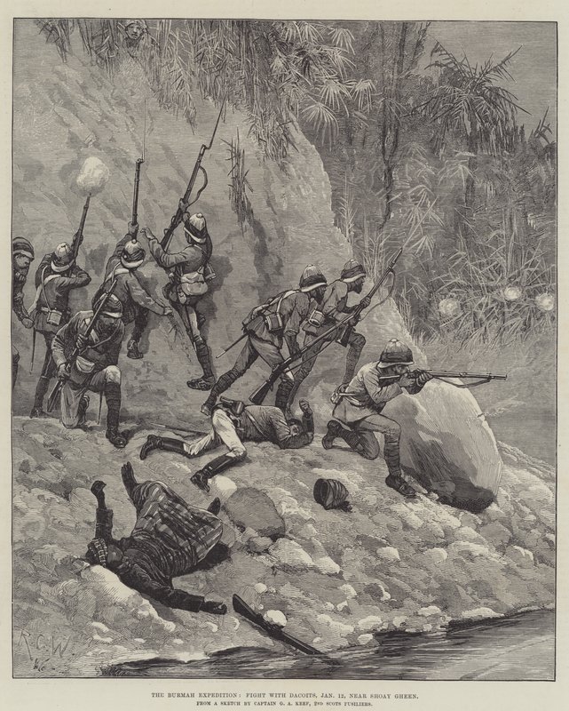 Burmah-expedíció, Harc Dacoitsokkal, január 12., Shoay Gheen közelében alkotó: Richard Caton Woodville junior