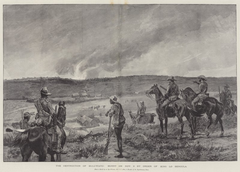Buluwayo elpusztítása, november 3-án égett fel Lo Bengula király parancsára. alkotó: Richard Caton Woodville junior