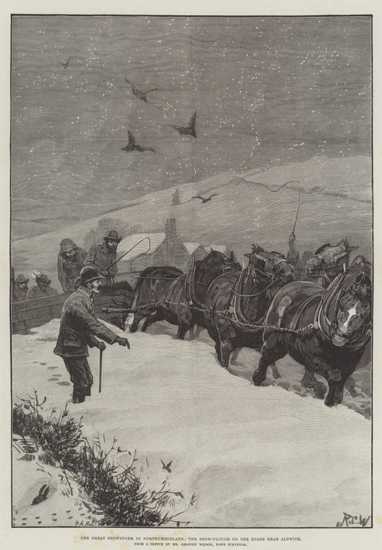 A nagy hóvihar Northumberlandben, a hóeke az utakon Alnwick közelében alkotó: Richard Caton Woodville junior